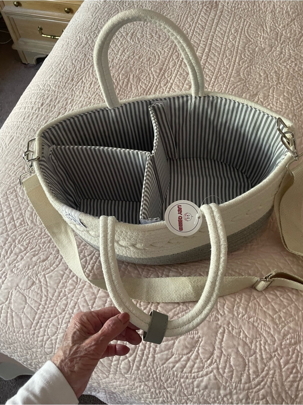 Striped-Lined Cream and Gray Canvas Tote Bag with Removable Strap
